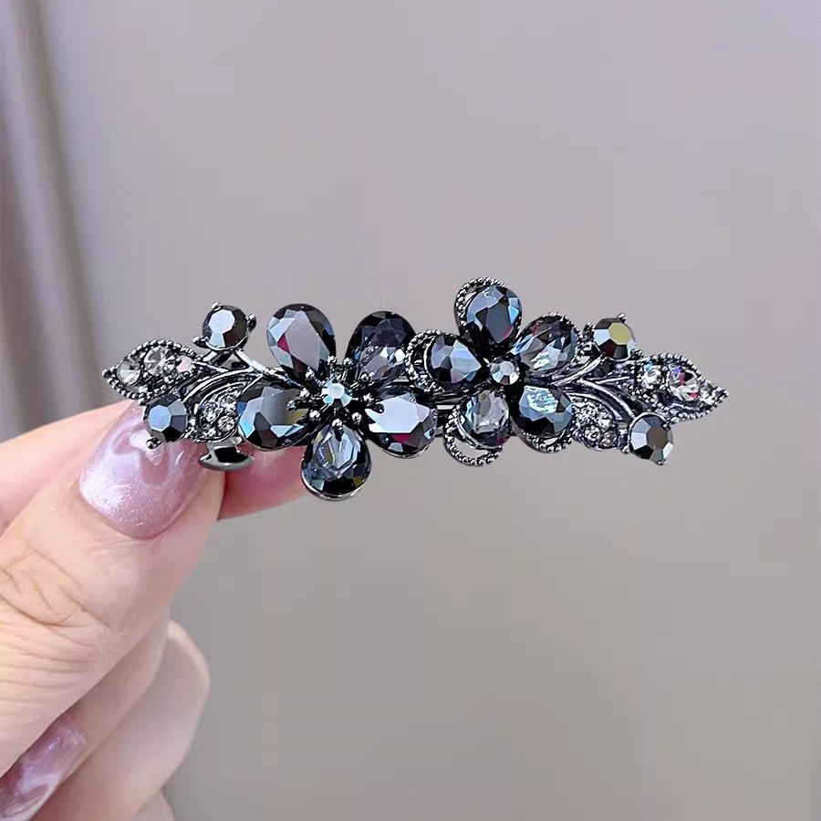 Black Crystal Flower Hair Clip - Korean Style Women's Half Updo Accessory
