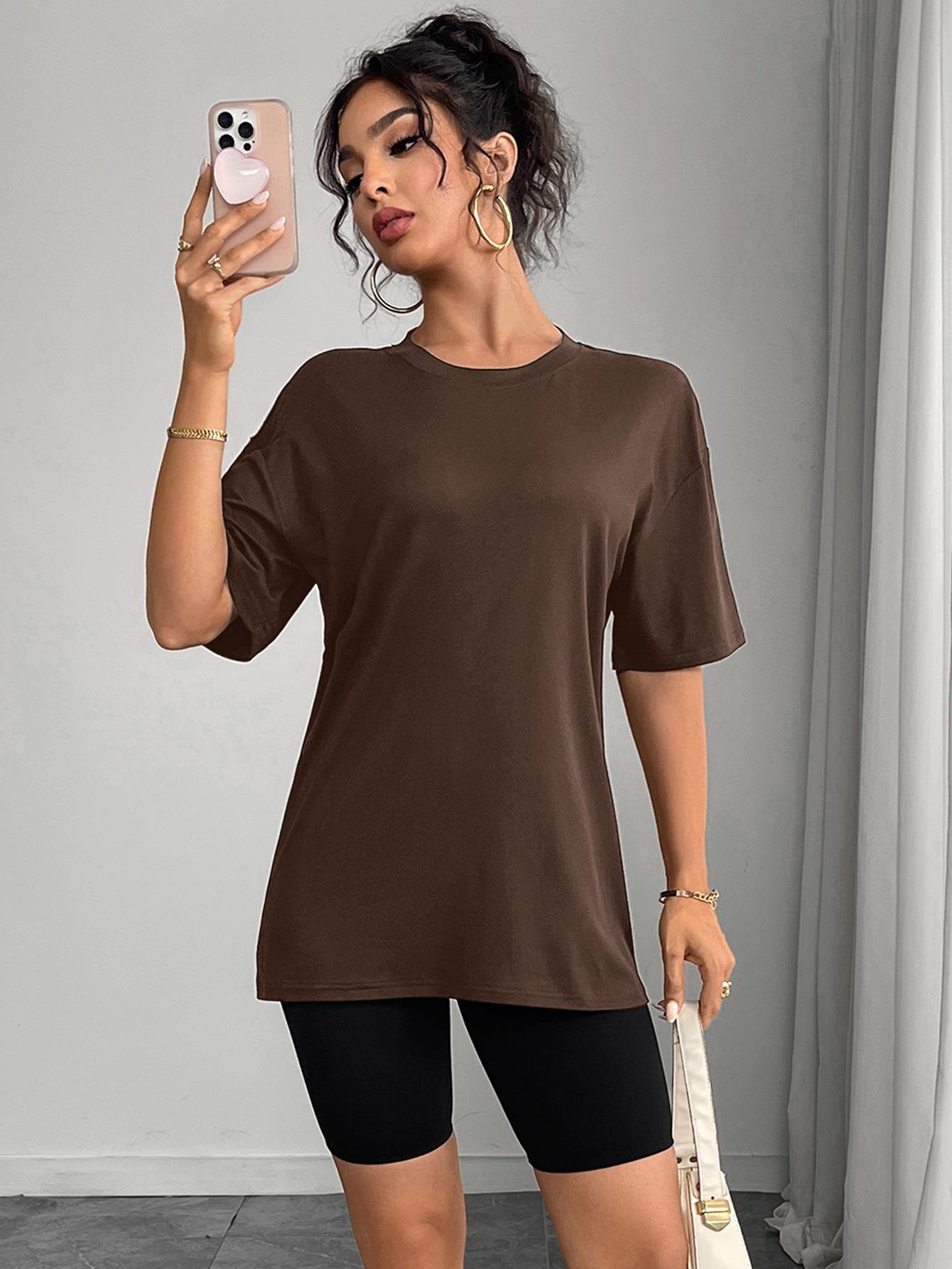 

European & American Women s Casual Multi-color Round Neck Short Sleeve Loose T-shirt Extra Large кофейный