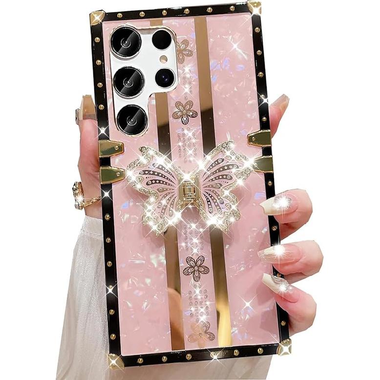 for Samsung Galaxy S25 Ultra Glitter Kickstand Case, Cute Luxury 3D Bling Sparkly Floral Diamond Butterfly with Ring Stand Elegant Shockproof Women