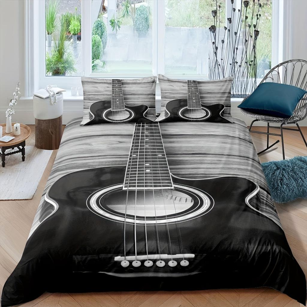 2/3pcs Vintage Guitar Print Soft Duvet Cover Set - Comfortable Bedding for Bedroom and Guest Room with 1 Duvet Cover and 1/2
