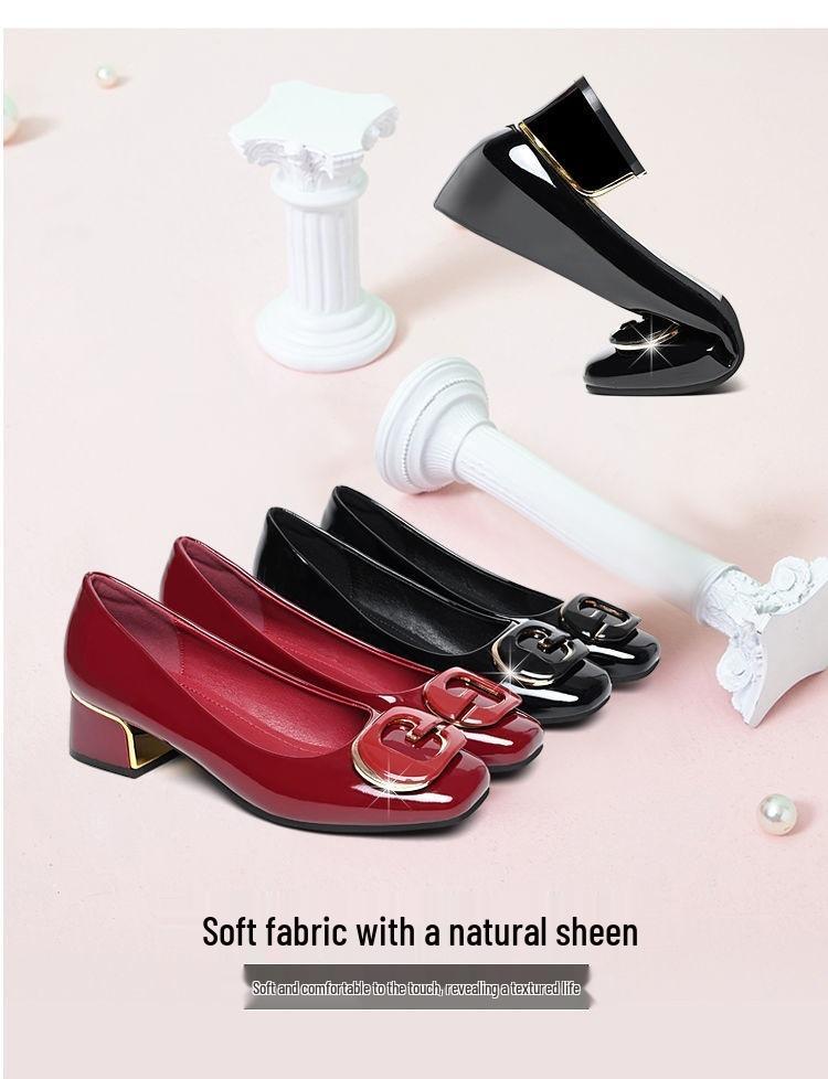 Genuine Leather Women's Chunky Heel Loafers with Shiny Patent and Soft Leather, Round Toe, Wide Fit, Suitable for All Seasons