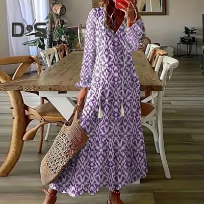Women Dress Tassel Decor Printed Ruffle A Line Loose Hem Mid Waist Long Sleeve V Neck Soft Ankle Length Bohemian Style Beach Maxi Dress