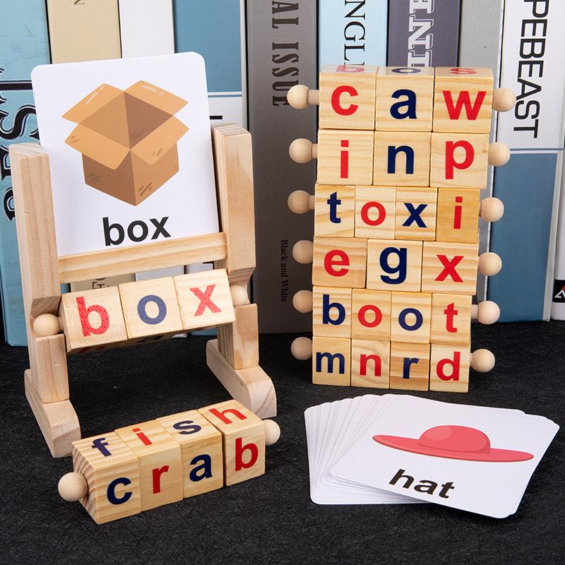 

Wooden Early Education Puzzle: CVC Vowel Rotating Building Blocks for Kids