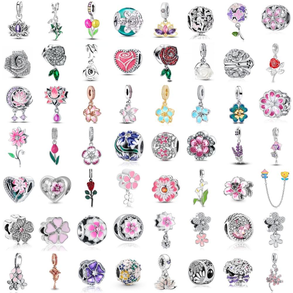 Spring Pink Blue Flower Charm Bead Component zircon rose Bead Component Copper Metal lotus tulip Pendant Bead Component Compatible With Authentic