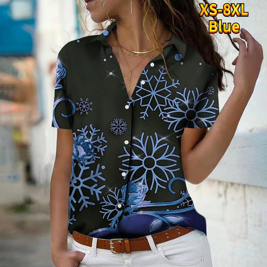 

2025 Summer New Fashion Women s Snowflake Printed Short Sleeve V-neck Casual Button-down Shirt Top XS синій