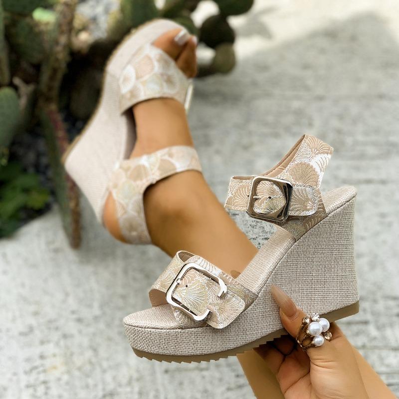 Spring and summer new buckle fashion wedge sandals printed muffin thick-soled fish mouth sandals women
