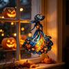 Decorative Chain Hanging Witch Acrylic Suncatcher, Stained Glass Effect Window Car Ornament, Gothic Scary Bat Wall Art with Pumpkin Lantern