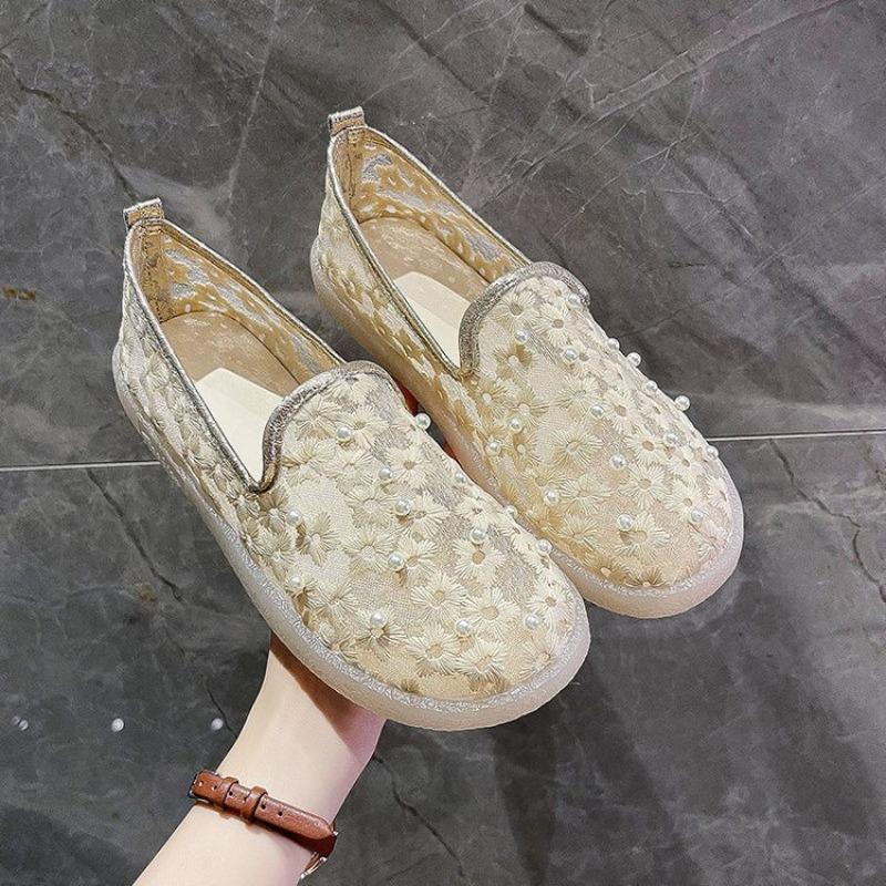 Summer New Trend Women's Single Shoes Pearl Mesh Flower Comfortable Soft Sole Women