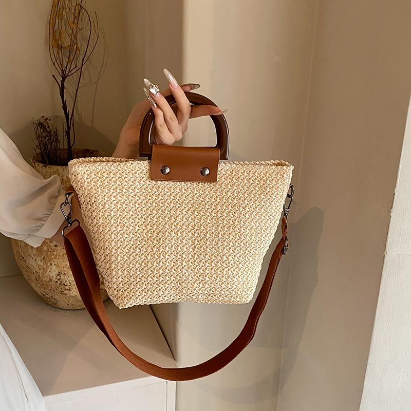 Yogodlns Summer Women Shoulder Bag Wooden Handle Handbag Woven Straw Bag Bohemian Casual Lady Beach Fashion Crossbody Bags