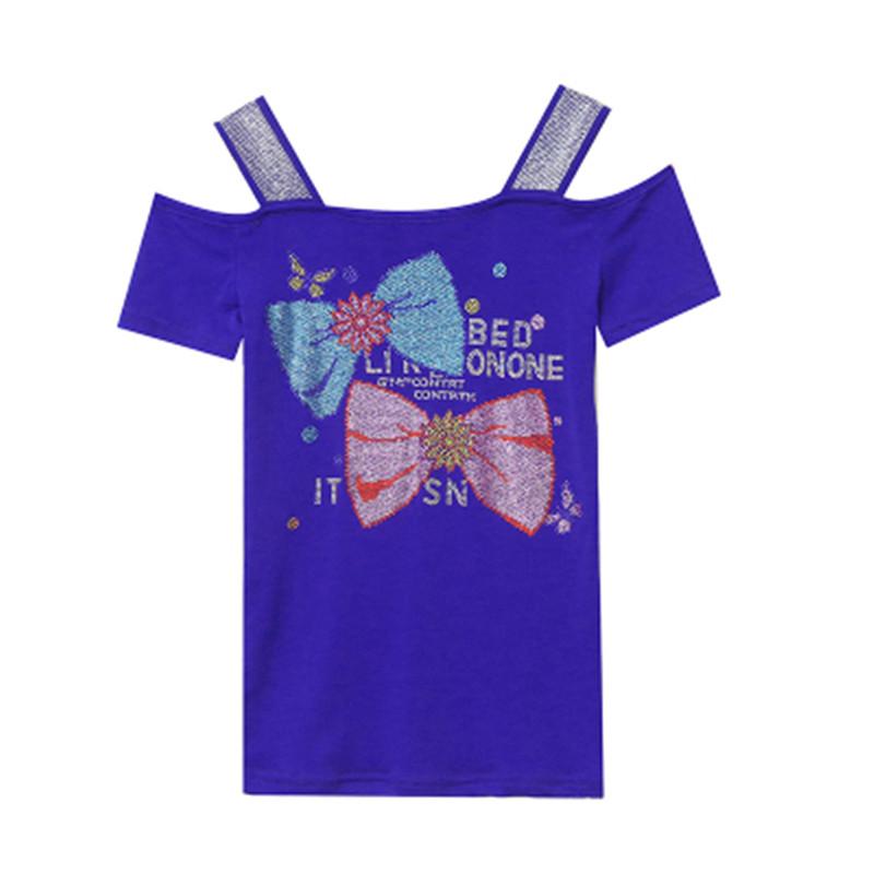 Summer Women Bow Letter Shiny Hot Diamonds T-Shirt Sexy Off Shoulder Slim Top New Chic Short Sleeve Tees Shirts