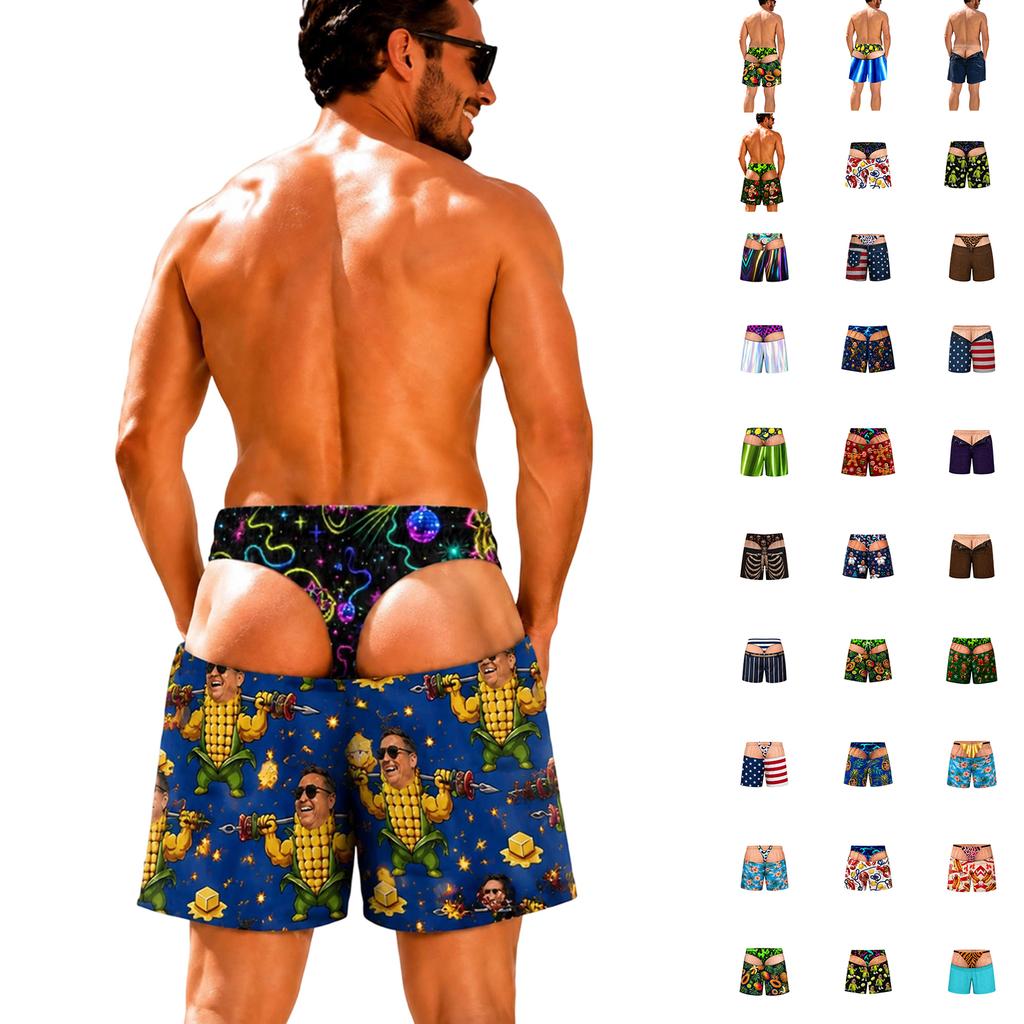 Men's Fun Printed Stretch Waist Drawstring Shorts, Beach Pants, Swimming Trunks