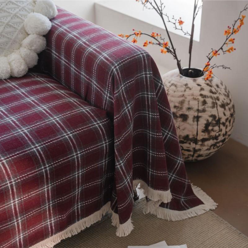 Green Plaid Tweed Fabric Sofa Throw Bedspread Window Seat Mat Table Cloth Washable Non-Slip Dust-Proof Frech Style Home Decor