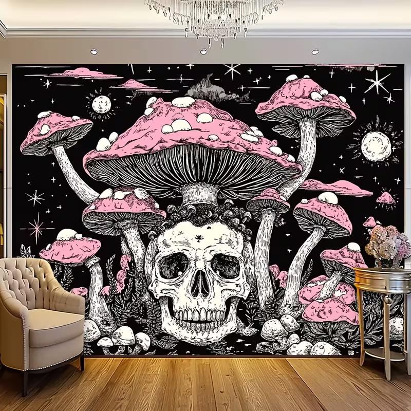 2D Gothic Skull & Pink Mushroom Tapestry Dark Aesthetic Room Background