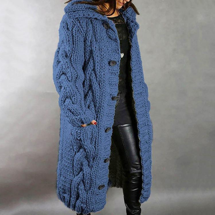 Damen Übergröße Langarm Kapuzenstrickjacke mit Taschen Einreihiger Mantel