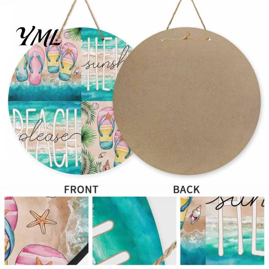 Summer Beach Decor Round Wooden Door Hanger, Watercolor Welcome Sign, Hello Sunshine Indoor Outdoor Wall Hanger Please Plaque for Porch Decorative