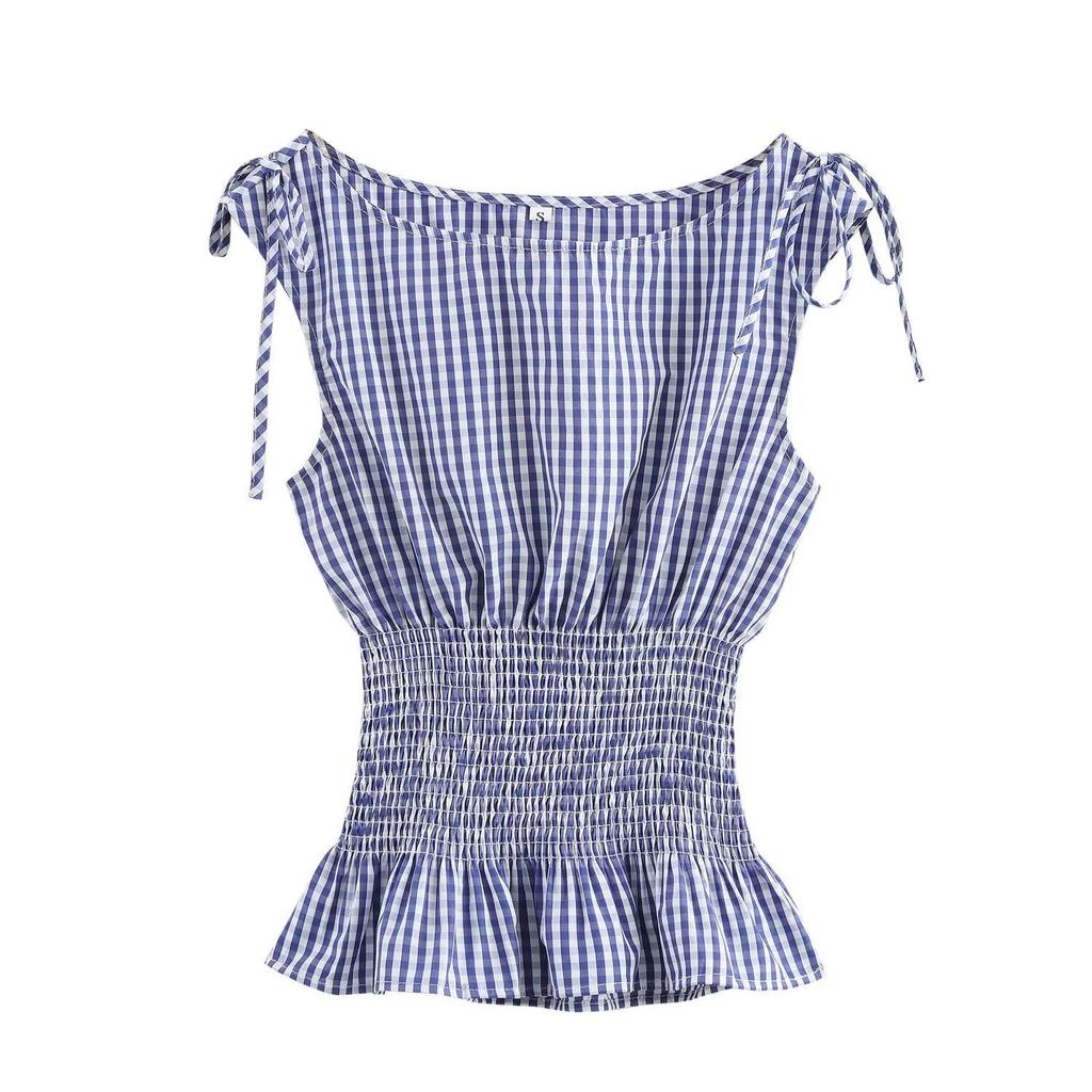 2025 Spring Women's European & American Style Striped Tie-Up Ruched Waist Top