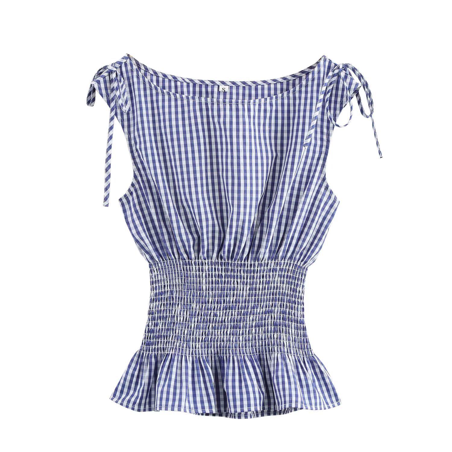 

Весна 2025 Женский Европейский и Американский Стиль Полосатый Топ с Завязками и Драпировкой на Талии Large синий