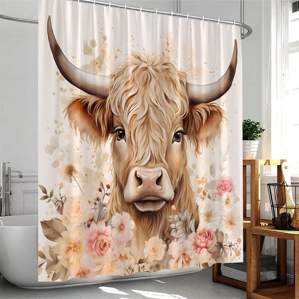 Highland Cow Farmhouse Shower Curtain Country Bathroom Decor Cattle Sunflower Floral Pumpkin Autumn Polyester Bathtub Curtain