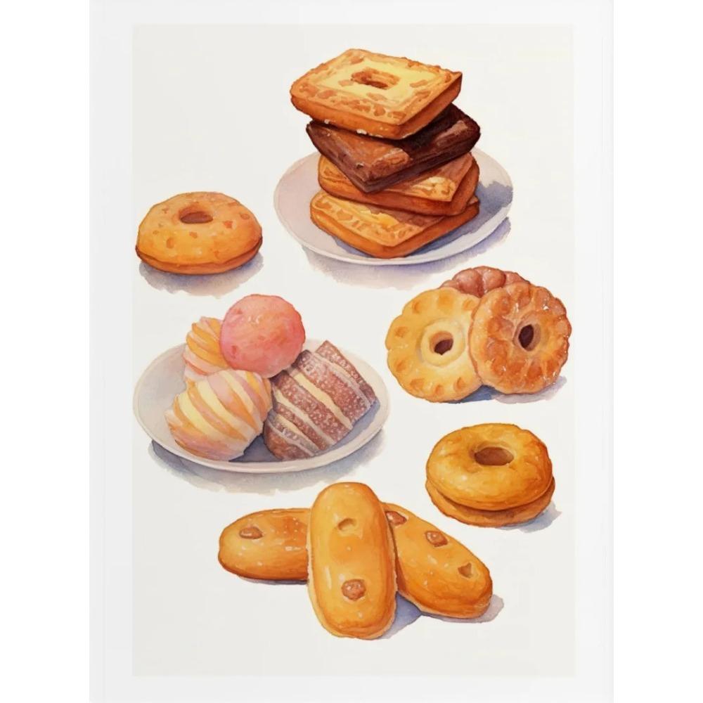 Kekse Aquarell Kekse Kaffee Müsli Brot Französisches Gebäck Poster Druck Wandkunst Bilder Leinwandmalerei Zimmer Heimdekor
