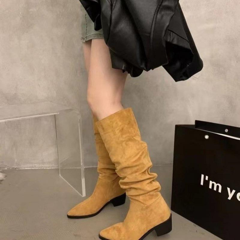 

High-heeled suede western medium boots women s shoes new autumn and winter velvet pointed pile long tube knight boots 43 светло-желтого