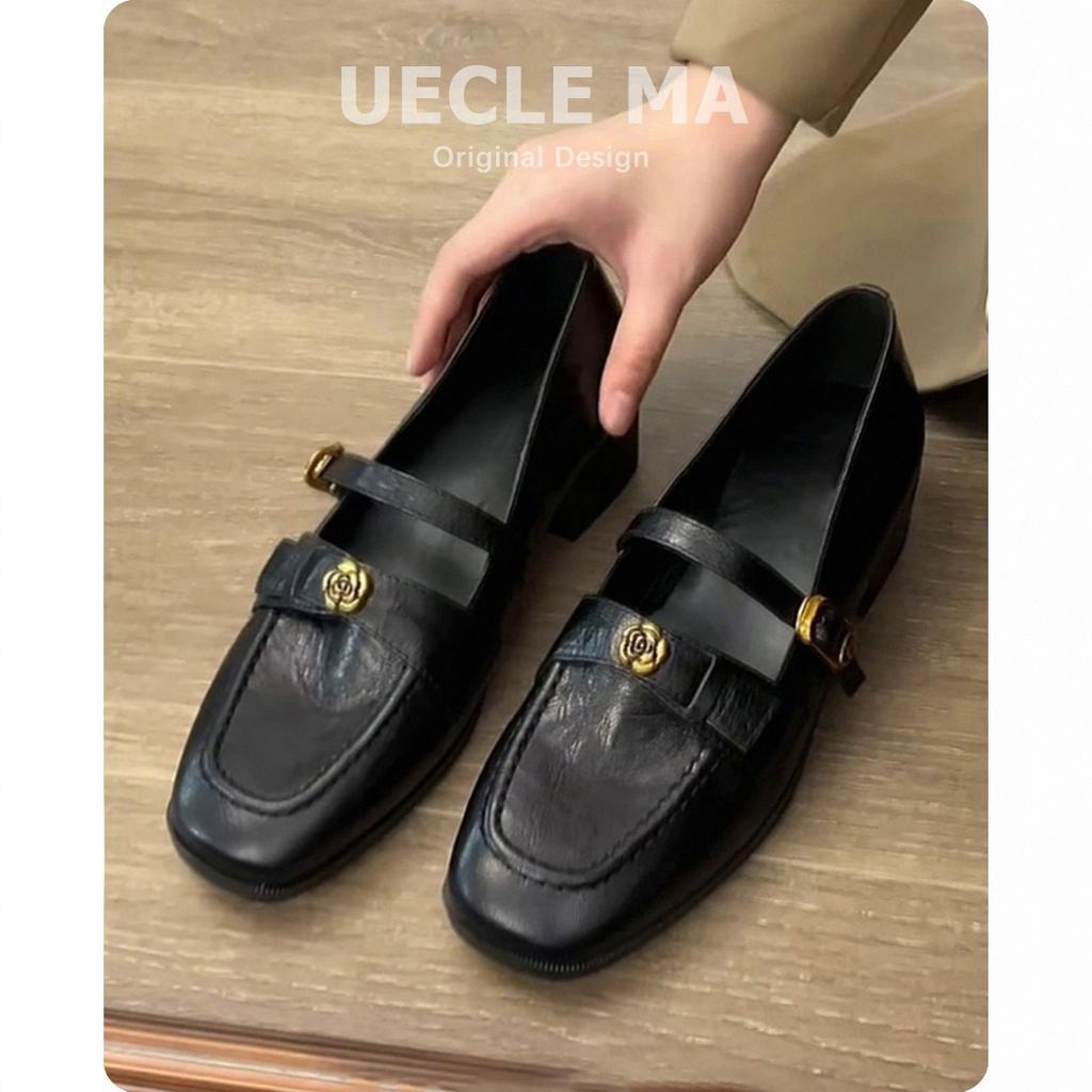 Cowhide version~ Genuine leather retro French single shoes women's thick heel with one-word buckle Mary Jane shoes commuter camellia leather shoes