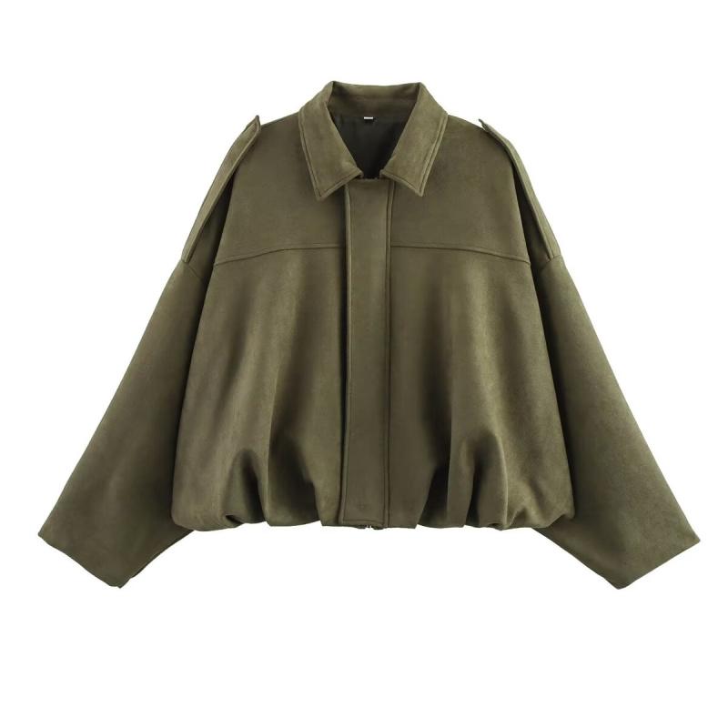 New Women's Suede Texture Effect Loose Version of Fashion Lapel Shoulder Bomber Jacket