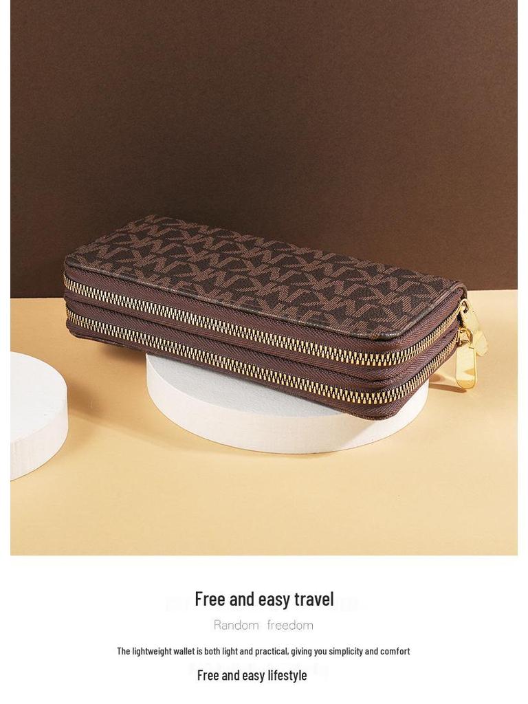 Portfel damski w stylu koreańskim, wzór 2025, kopertówka z podwójnym zamkiem błyskawicznym z nadrukiem, dwuwarstwowa, duża pojemność, torba na telefon