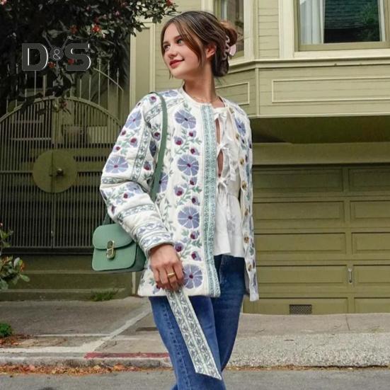 Damen Steppjacke Blumendruck Pufferjacke Langarm Rundhals Button Down Oberbekleidung Mantel mit Gürtel