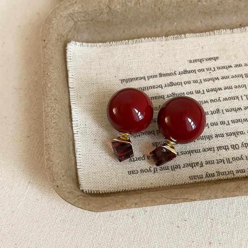 Ankola Red Pearls Wear Square Crystal Stud Earrings Before And After Women'S Niche Unique Personality Fashion Versatile Earrings