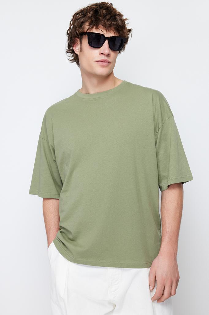 Men's Fashion T-Shirt Crew Neck Short Yellow Oversize Wide Cut Basic 100% Cotton T-Shirt