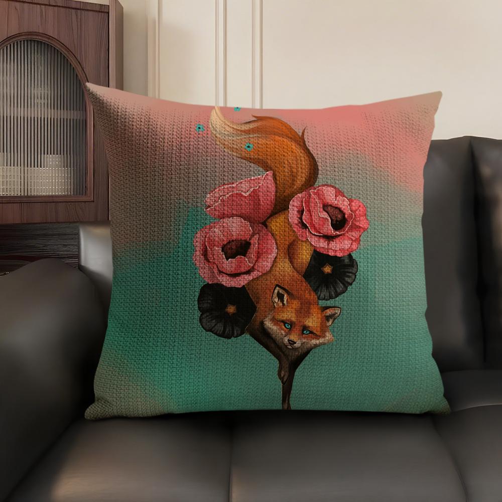 Cute Fox Cushion Cover Summer Breathable Linen Organic Fabric Double-Sided Printing Sofa Pillow Case Home Decor