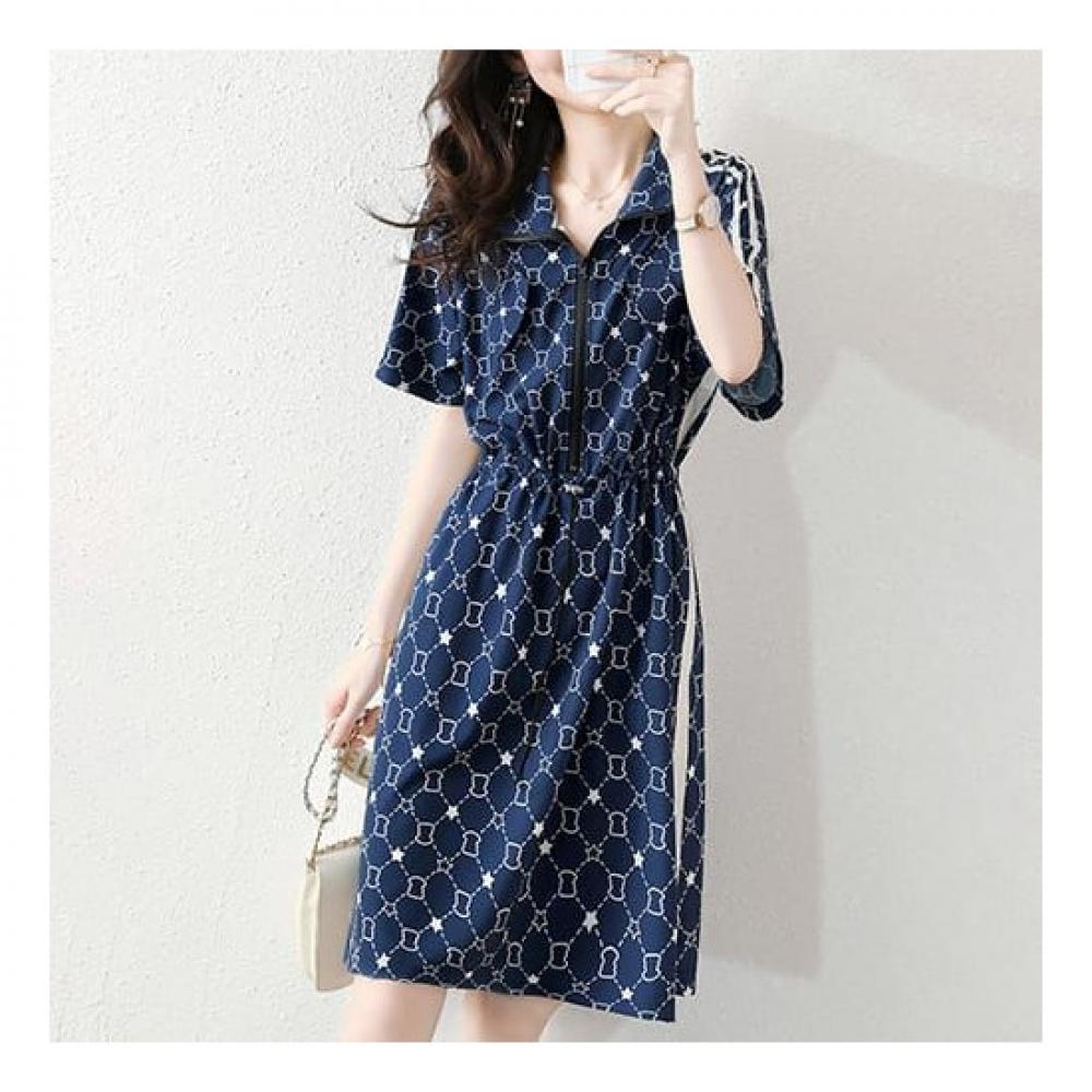 Navava No800 Waist String Zip Collar Short Sleeve Dress
