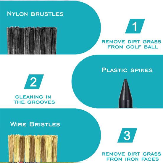 Brosse de nettoyage pour club de golf 3 en 1, Taille de poche Rétractable Nettoyeur de rainures de club de golf, Outil de nettoyage de golf avec picots en poils de fil de nylon, Accessoires de golf