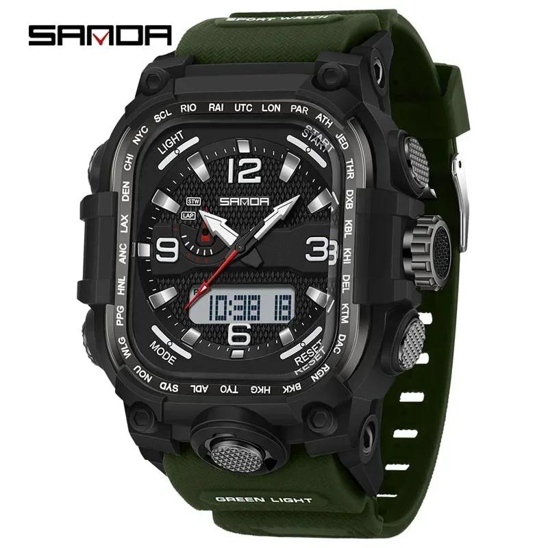SANDA Luxury Brand Dual Display Men's Watch Luminous Waterproof TPU Soft Strap Large Dial Chronograph Calendar Sports Wristwatch
