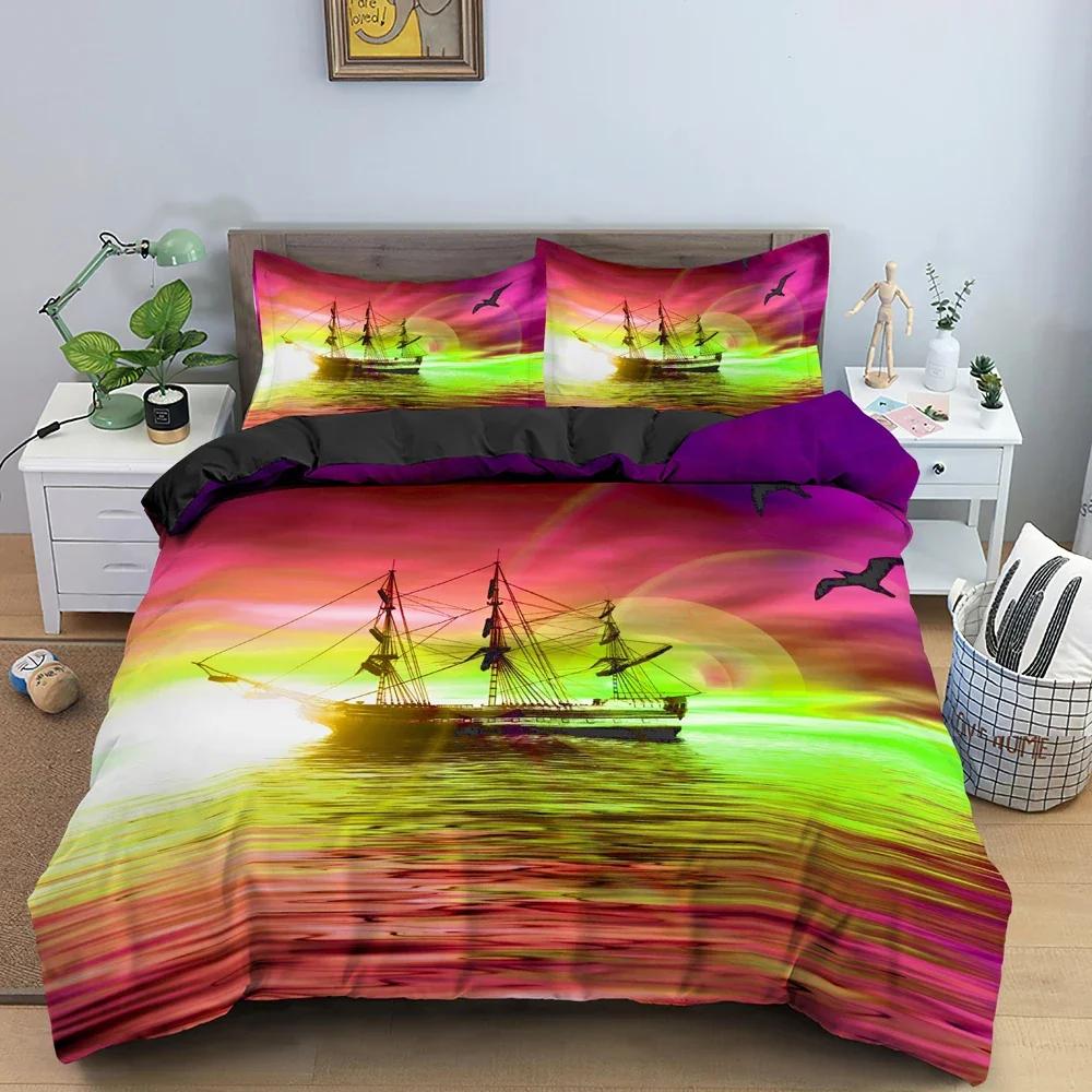 Watercolor Sailboat Comfortable Duvet Quilt Cover Pillowcase Bedding Set Children Bedroom Decoration Home Textile