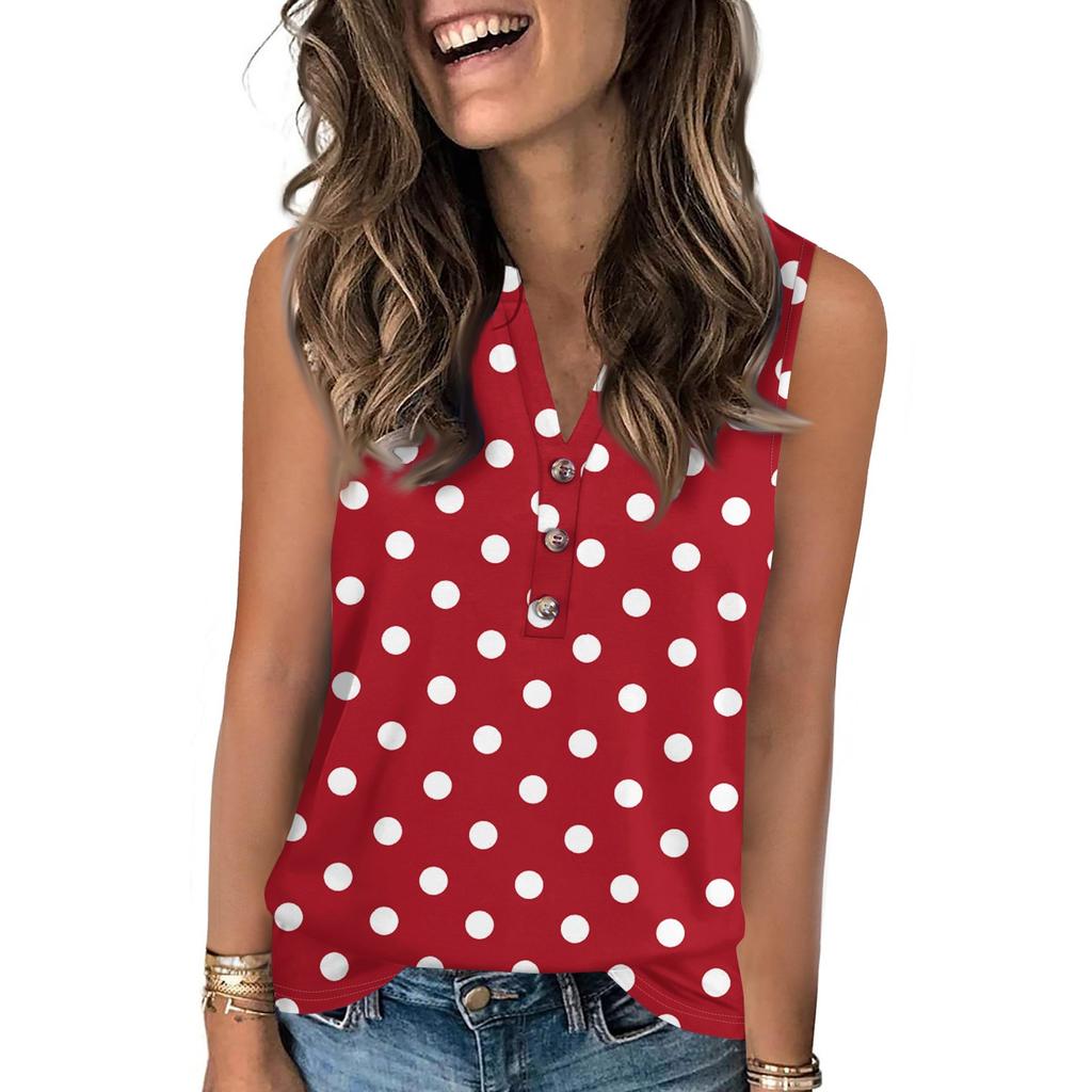 Women's Casual Fashion Summer Color Block Stitched Print Tank Top V-neck Sleeveless Button Top