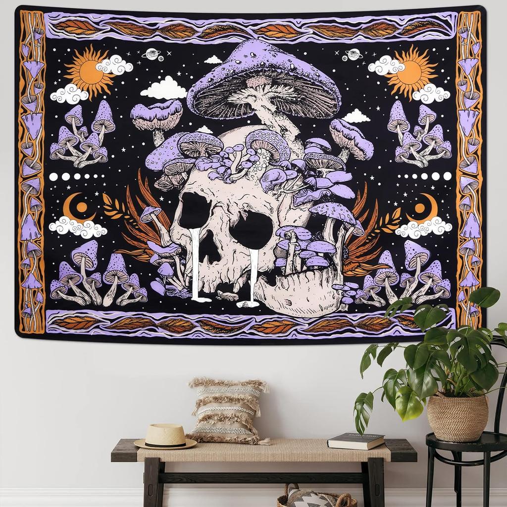 Trippy Purple Mushroom Skull Tapestry, Sun Moon Celestial Forest Print Wall Hanging for Bedroom Aesthetic Living Room Dorm Decor