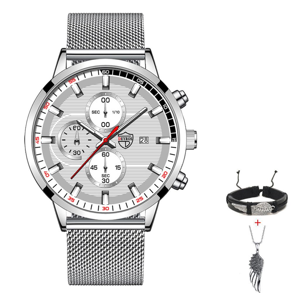 Fashion Men's Casual Watch Man Stainless Steel Mesh Band Wristwatch Mens Calendar Quartz Watches Bracelet Neckalce Set Date Clocki