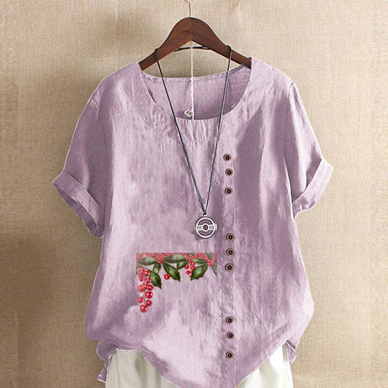Women's Fashion Chinese Hawthorn Prined Round Neck Short Sleeve T-shirt Casual Cotton Linen Graphic Shirt Leisure Loose Summer Blouse Tops