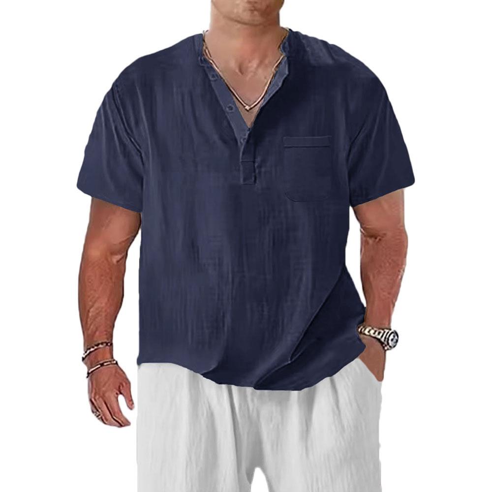 

Летняя Новая Мужская Хлопково-Льняная Футболка с Коротким Рукавом, Хенли-воротником, Повседневная, Легкая, Дышащая, Однотонная, Топы, Базовая Футболка XXXL темно-синий