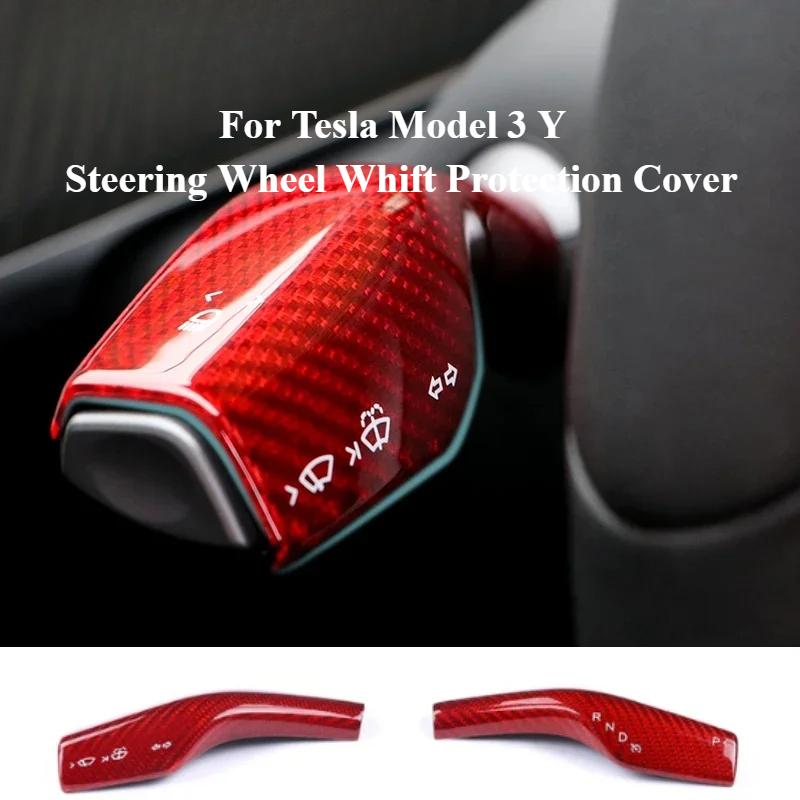 2Pcs Real Carbon Fiber Steering Wheel Whift Protection Cover  For Tesla Model 3 Y Car Column Shift Knob Cover Decor Accessories