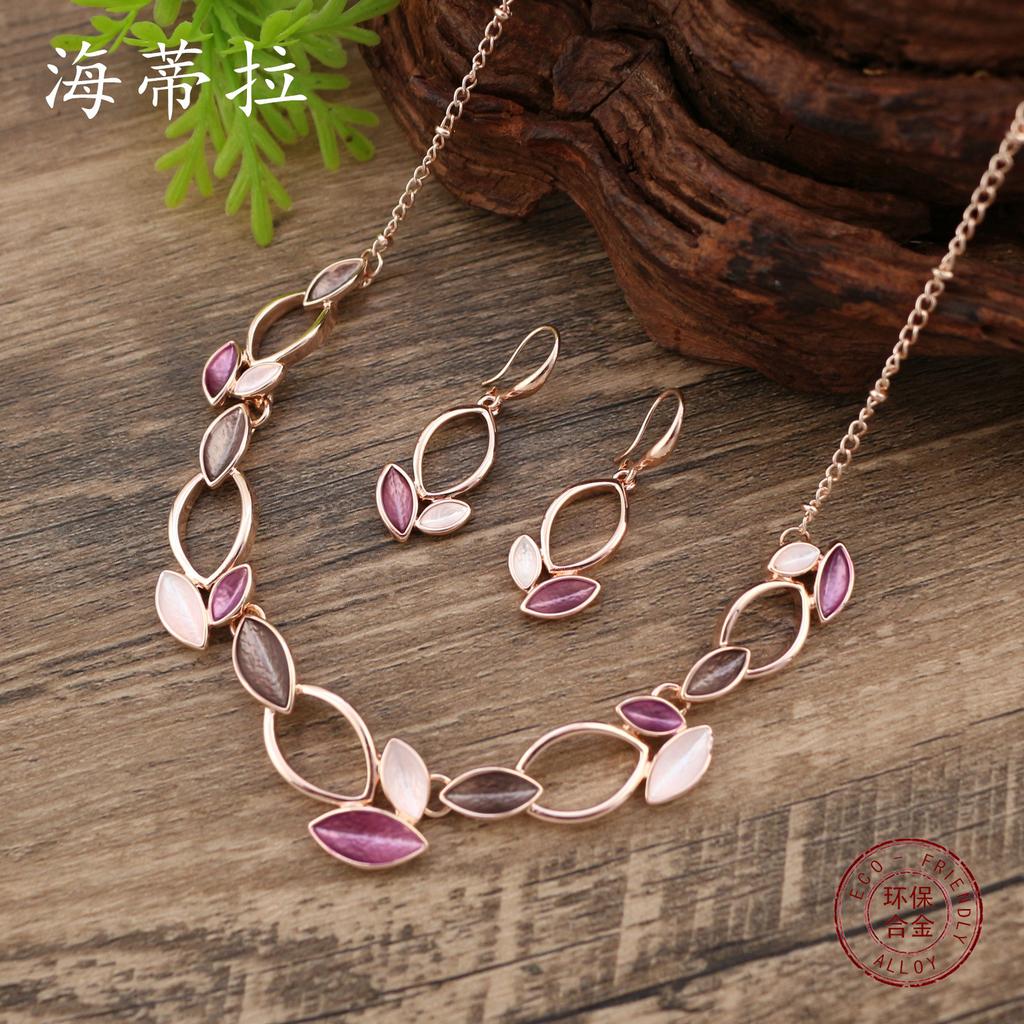 Enamel Petal Earrings Necklace Set, Flower Style Women's Earrings