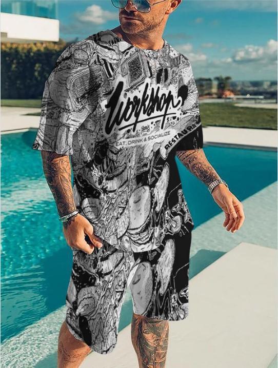 Independent Station New European and American Summer Men's Trend Casual Beach Style Texture 3D Digital Printing T-Shirt Shorts Set
