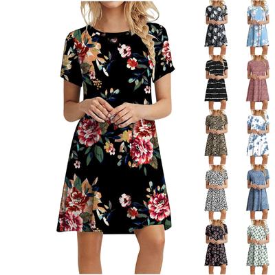 Women's Fashion Casual Printed Round Neck Short Sleeve Mid Waist Loose Pullover Dress