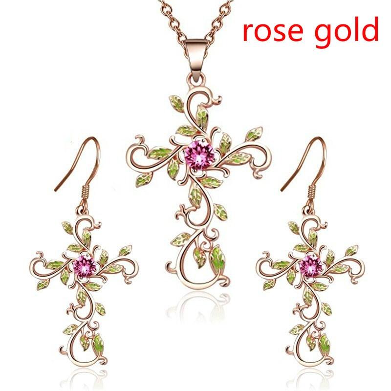 Flower Cross Pendant Necklace Earrings Jewelry Set for Women Gifts