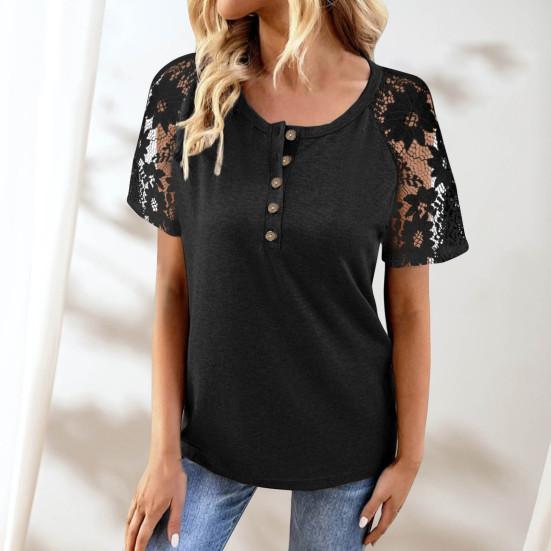 

Женская блузка с кружевной строчкой и коротким рукавом, туника с круглым вырезом, топ, пуловер, блузка S чёрный