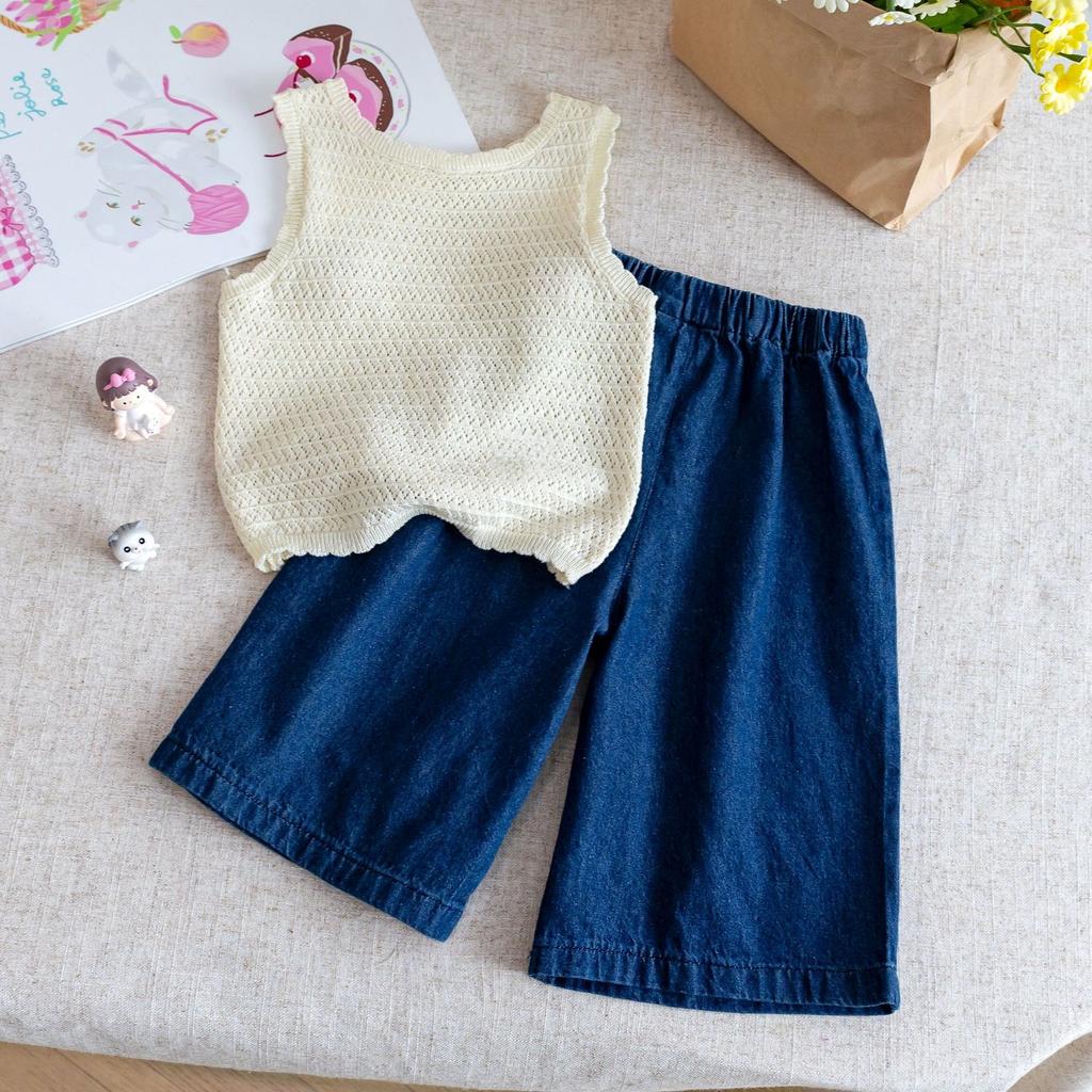 Summer Vest Set for Girls Baby Denim Wide Leg Pants Two Piece Suit Cotton Blend Cute Style Children's Clothing Kids' Outfits