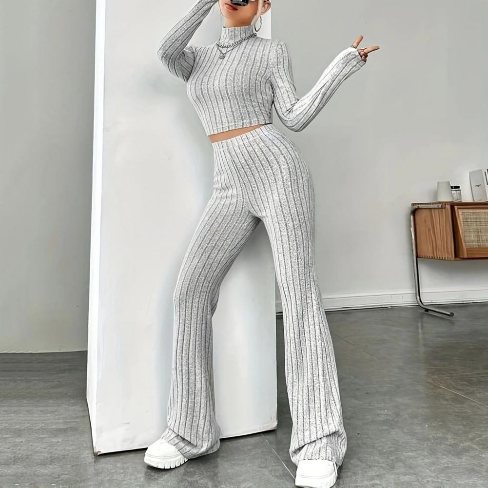 2 Pcs/Set Fall Winter Women Top Pants Set Half-high Collar Long Sleeves Slim Fit Sweatshirt High Waist Solid Color Striped Trous