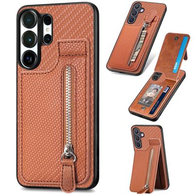 Reißverschluss Magnetische Karbonfaser Kartenfach Geldbörse Handyhülle Für Samsung S25 Ultra S24 Plus S23 A17 A07 Ständer Klapphülle