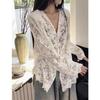 V Neck Loose Women Lace Shirts Sunscreen Long Sleeved Summer Spring Lace Blouse Casual Hollowed Out Micro Transparent Top Air Conditioning Clothing